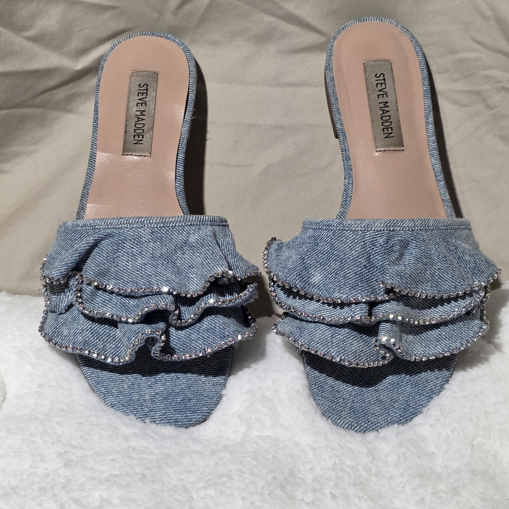Steve Madden Denim Ruffle Slide Mules with Crystal Trim - Light Blue 7.5